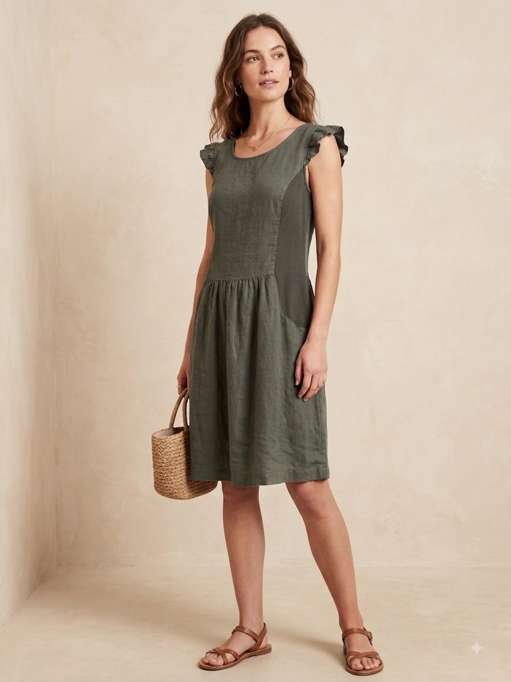 Lina Tomei Linen 100% Ruffle Olive Green Dress Lagenlook, size Large